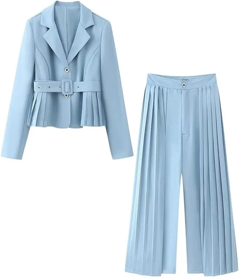 Women's Minimalist Belt Wrinkled High Waist High Waist Pants Set