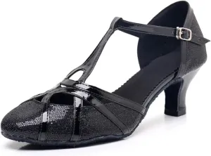 Women's Modern Heels Shoes Salsa Tango Ballroom Latin Party Dance Shoes Sequin Hollow Wedding High Heel(Black5.5cm,41)