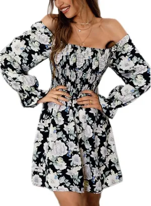 Womens Off Shoulder Floral Print Mini Dress Elastic High Waist Ruffle Summer Dress Long Sleeves Square Neck Beach Dress (Black, Small)