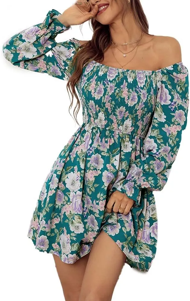 Womens Off Shoulder Floral Print Mini Dress Elastic High Waist Ruffle Summer Dress Long Sleeves Square Neck Beach Dress (Green, Large)