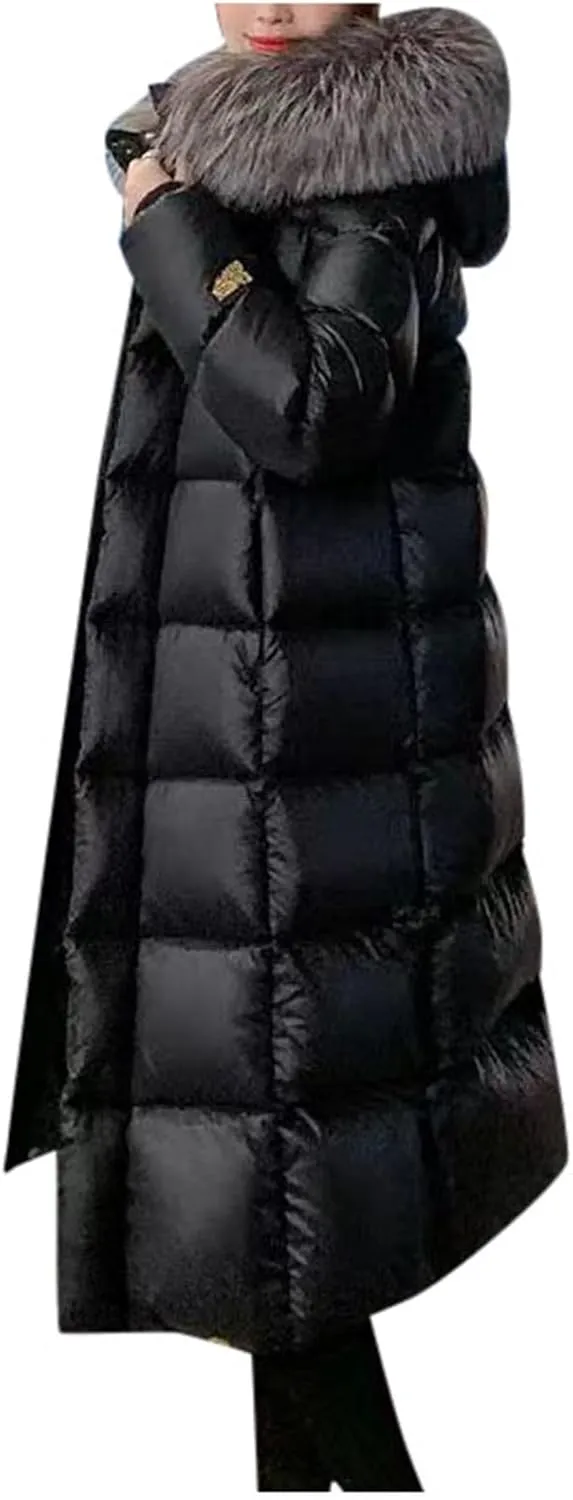 Women's Puffer Trench Coat Puffer Parka Zip Up Coats Winter Long Thick Overcoat Casual Plush Warm Coats with Pockets