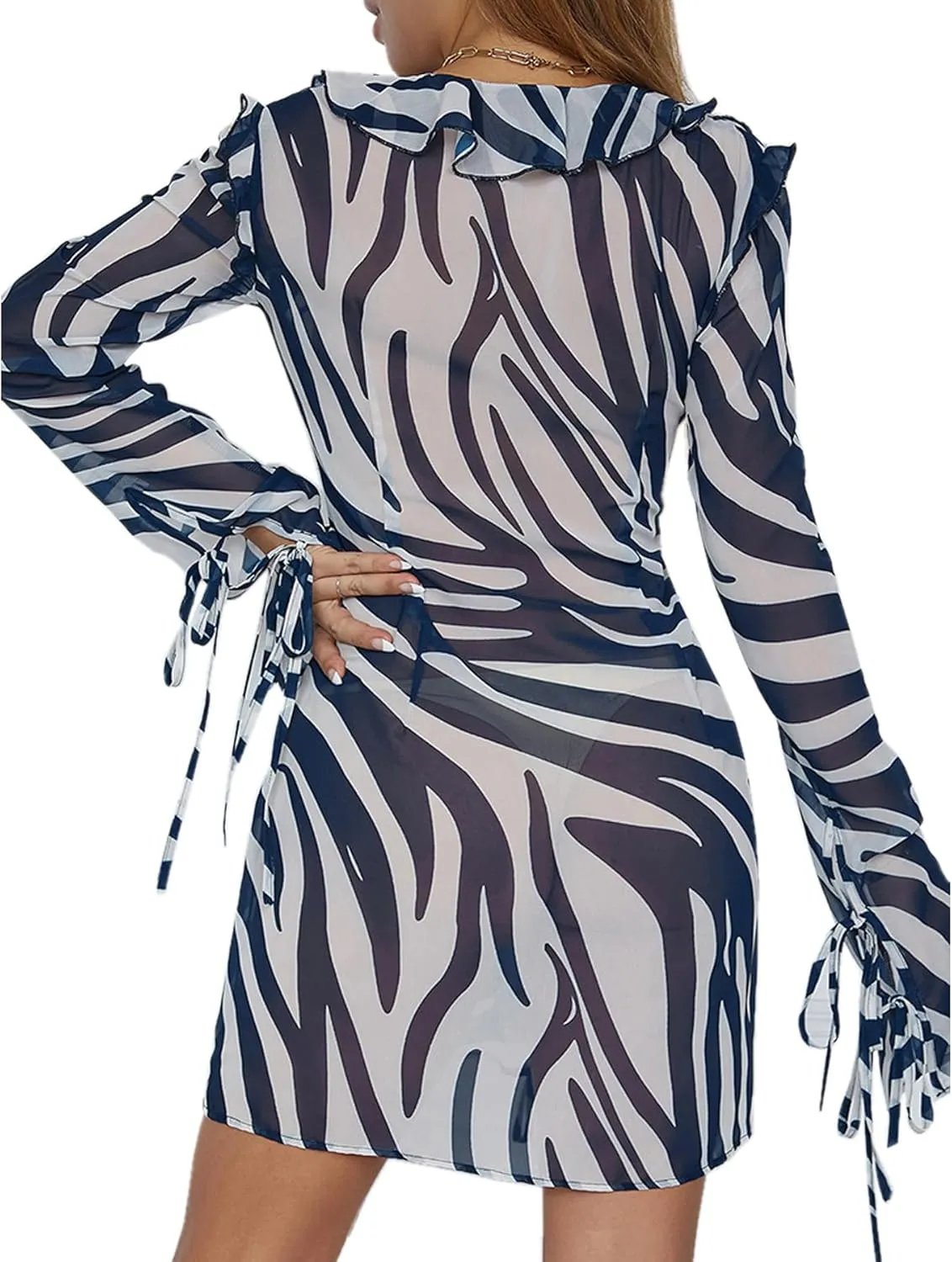 Women's Sexy Ruffle Trim See Through Mesh Mini Dress Elegant Tassel Striped Long Sleeve Bodycon Party Beach Dress