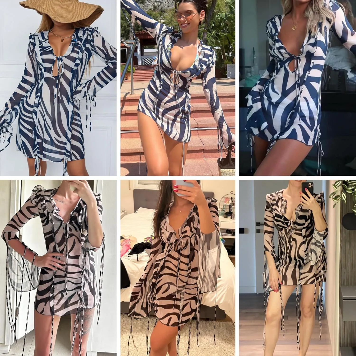 Women's Sexy Ruffle Trim See Through Mesh Mini Dress Elegant Tassel Striped Long Sleeve Bodycon Party Beach Dress