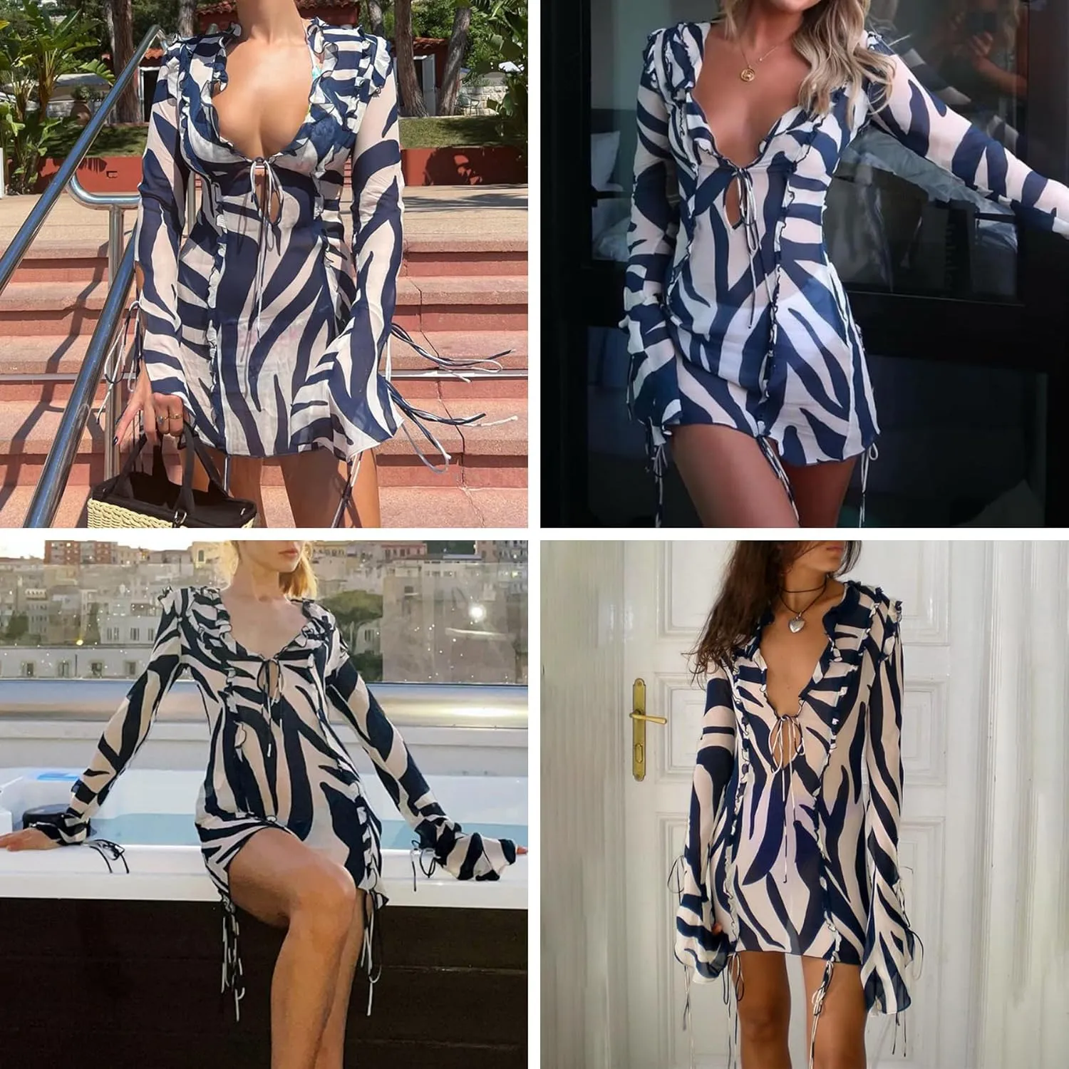 Women's Sexy Ruffle Trim See Through Mesh Mini Dress Elegant Tassel Striped Long Sleeve Bodycon Party Beach Dress