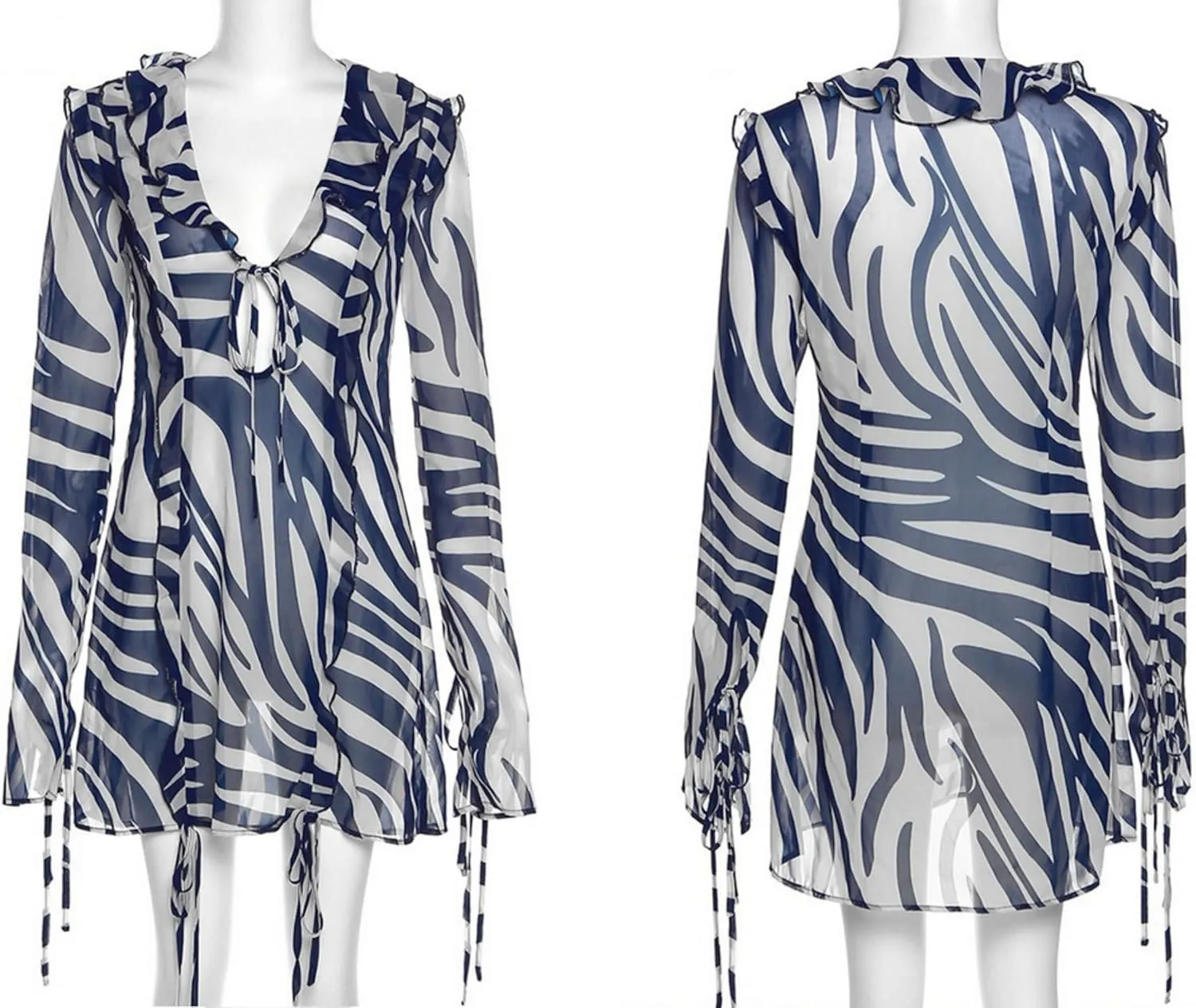 Women's Sexy Ruffle Trim See Through Mesh Mini Dress Elegant Tassel Striped Long Sleeve Bodycon Party Beach Dress