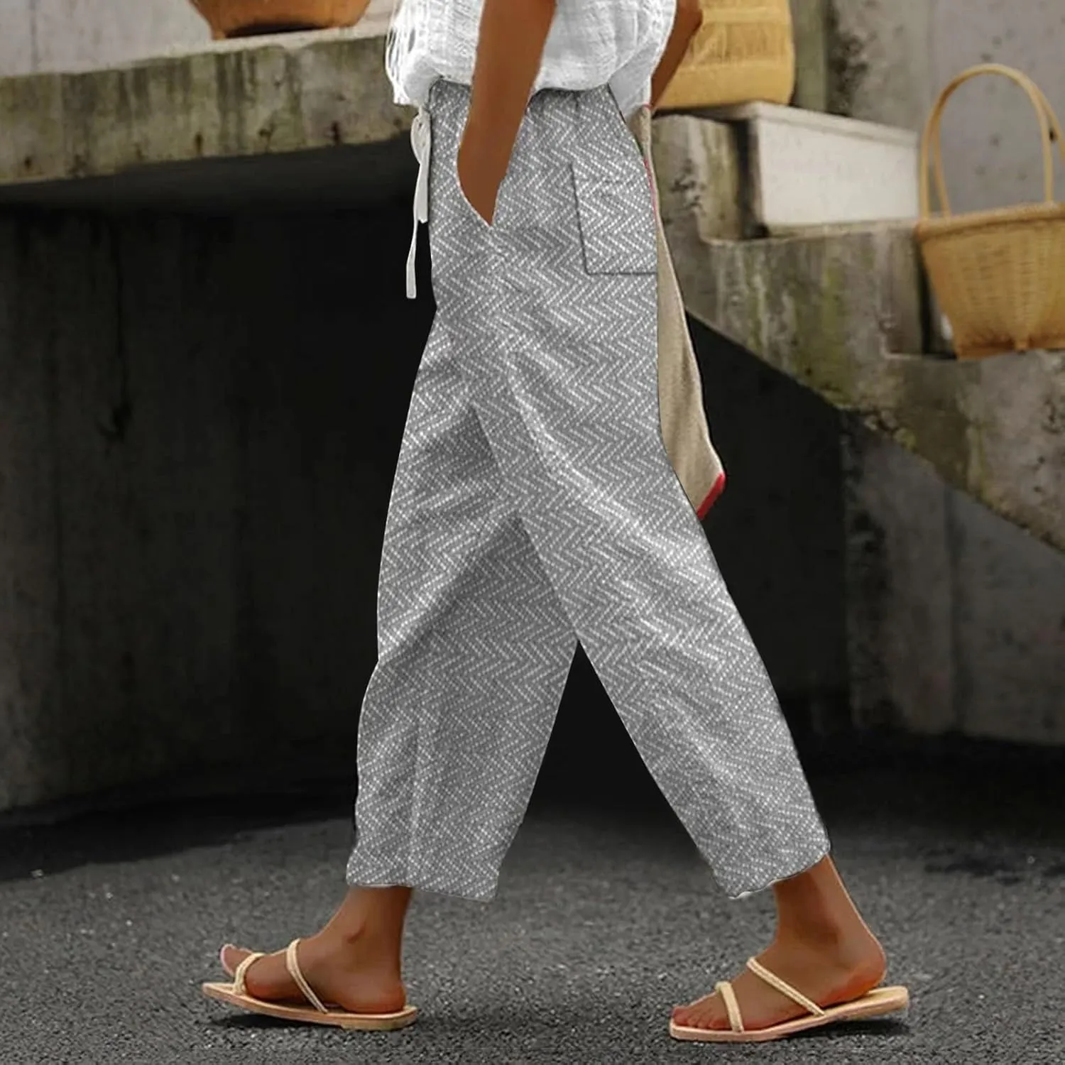 Women's Summer Casual Linen Pants Linen Elastic Seven Pants Beach Casual Pants Linen Petite Linen Pants for Women