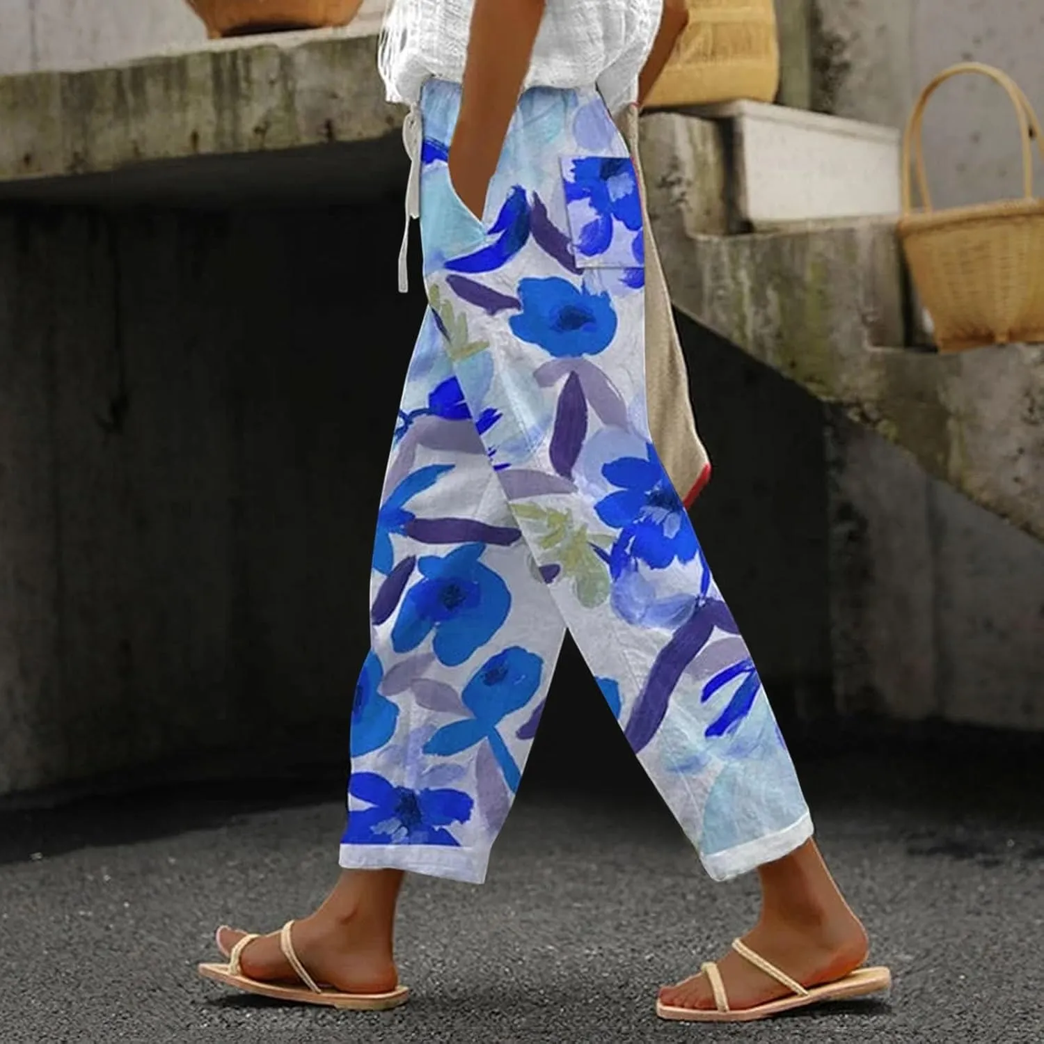 Women's Summer Casual Linen Pants Linen Elastic Seven Pants Beach Casual Pants Linen Petite Linen Pants for Women