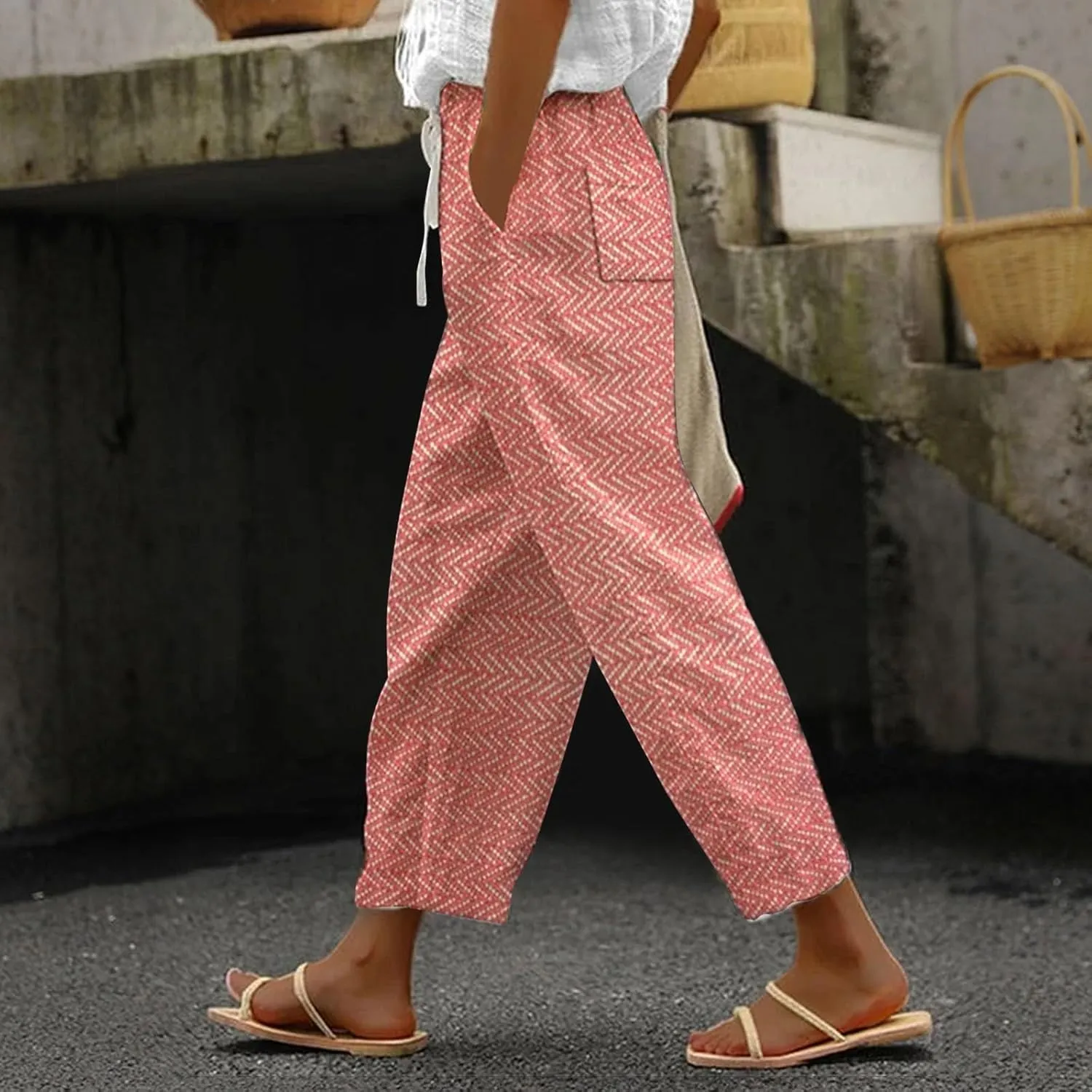 Women's Summer Casual Linen Pants Linen Elastic Seven Pants Beach Casual Pants Linen Petite Linen Pants for Women