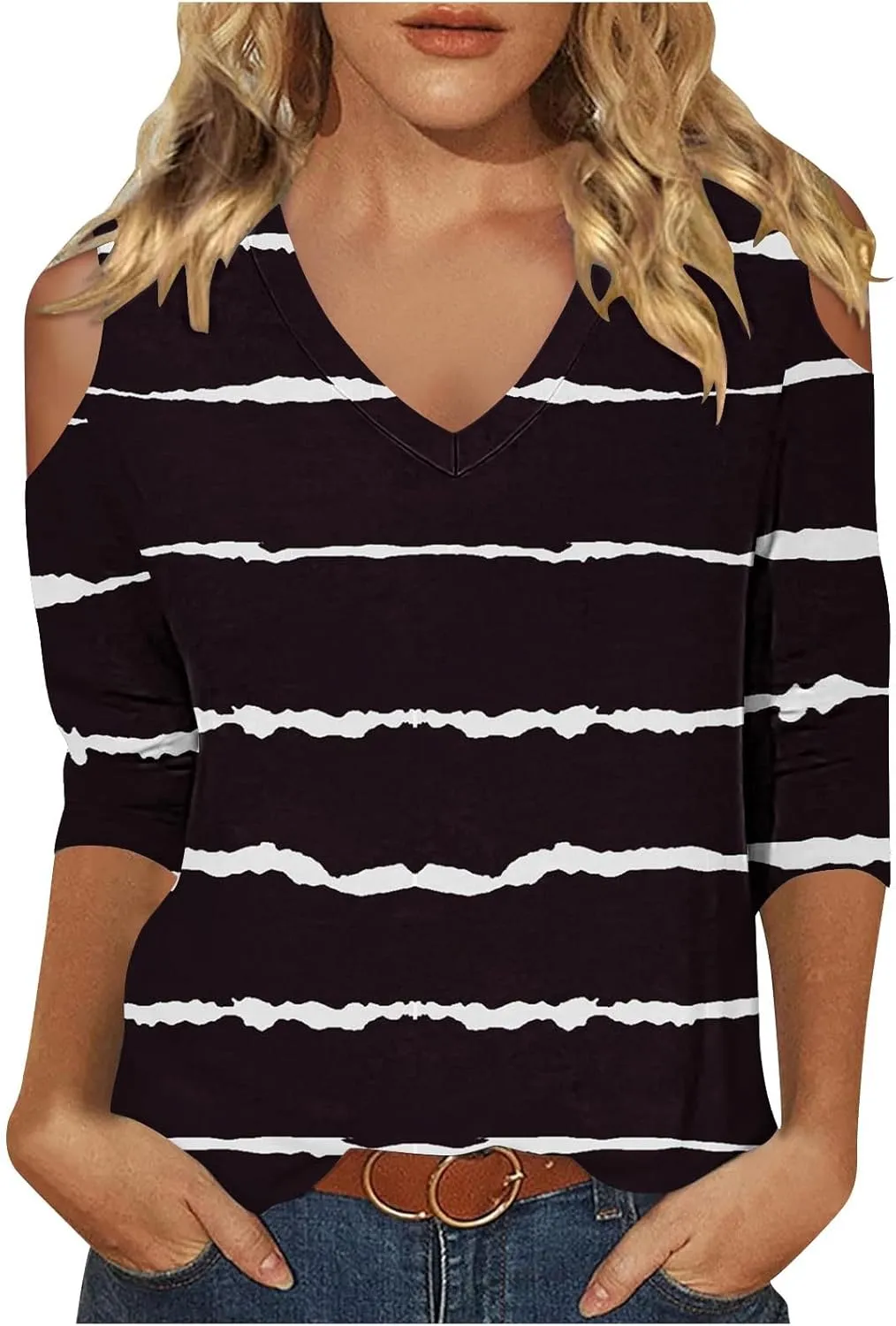 Womens Tops 3/4 Length Sleeves V Neck Cold Shoulder Shirts Trendy Striped Summer Blouse Ladies Workout Going Out Tees