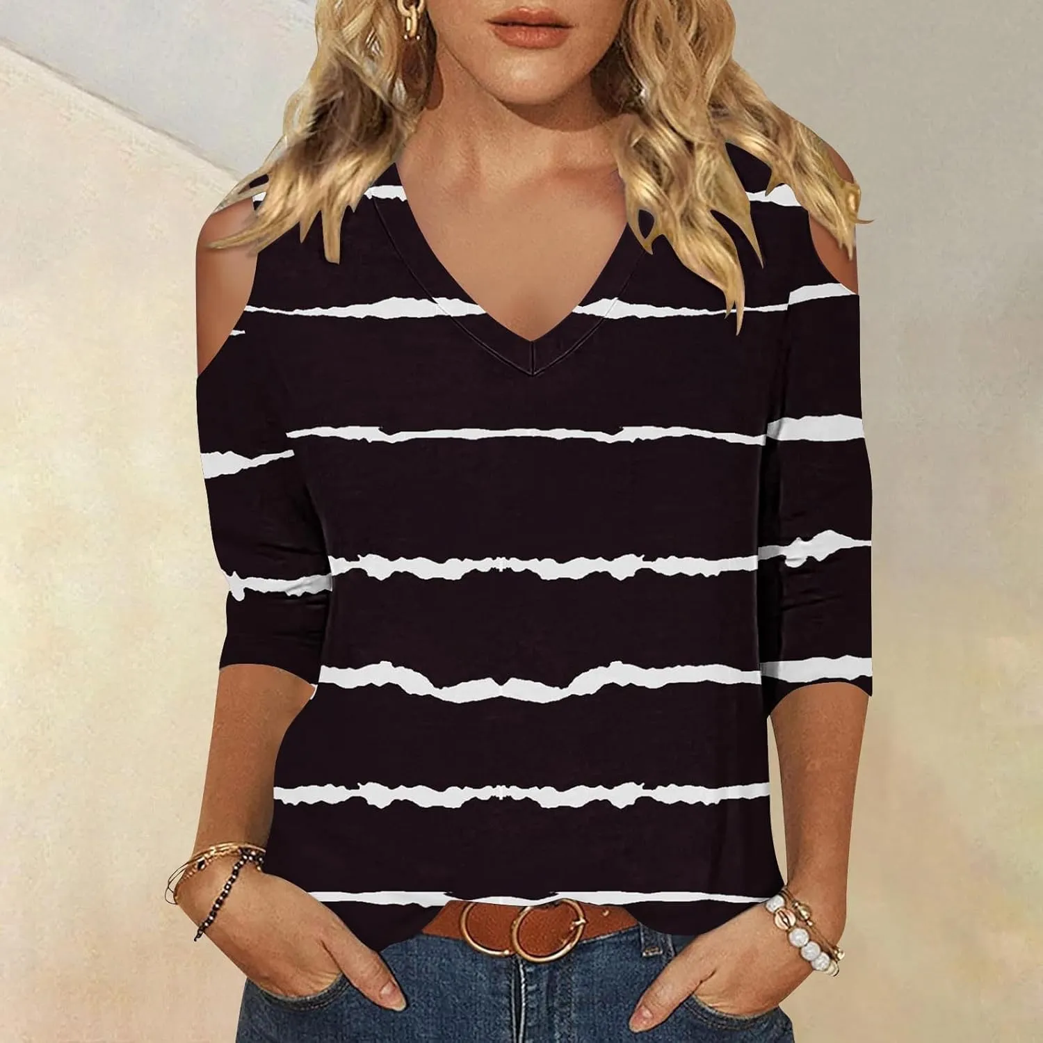 Womens Tops 3/4 Length Sleeves V Neck Cold Shoulder Shirts Trendy Striped Summer Blouse Ladies Workout Going Out Tees