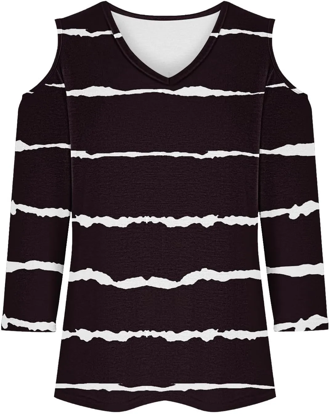 Womens Tops 3/4 Length Sleeves V Neck Cold Shoulder Shirts Trendy Striped Summer Blouse Ladies Workout Going Out Tees