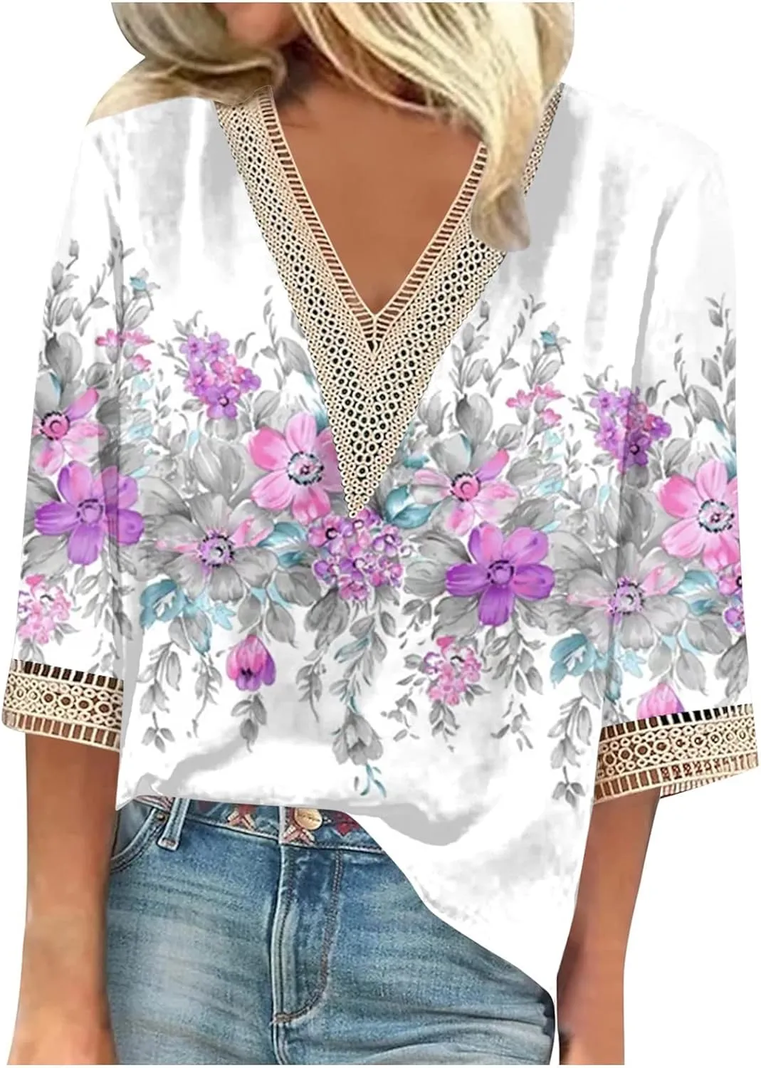 Womens Tops Casual 3/4 Sleeve Summer Tops for Women Lace Trim V Neck Shirts Summer Blouses Floral Print Clothing
