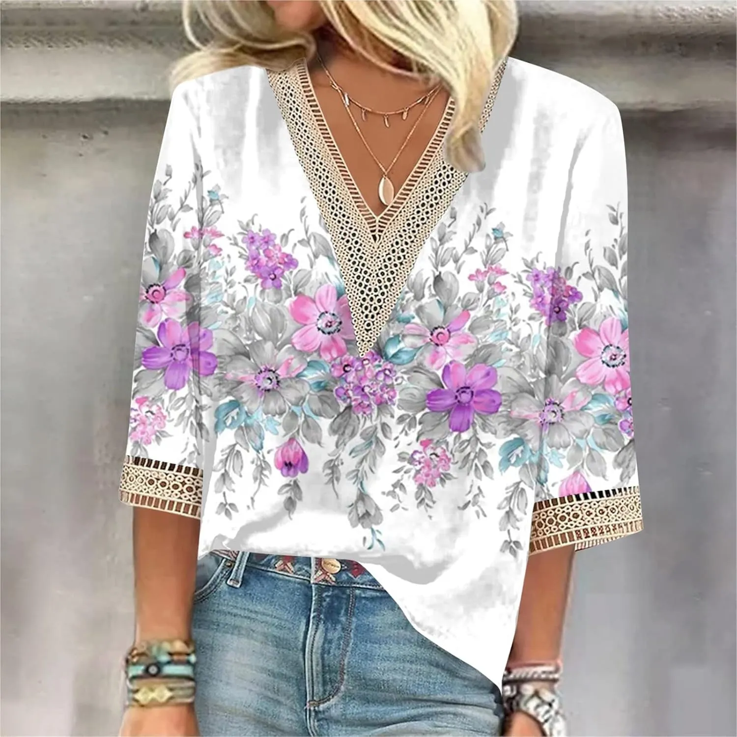 Womens Tops Casual 3/4 Sleeve Summer Tops for Women Lace Trim V Neck Shirts Summer Blouses Floral Print Clothing