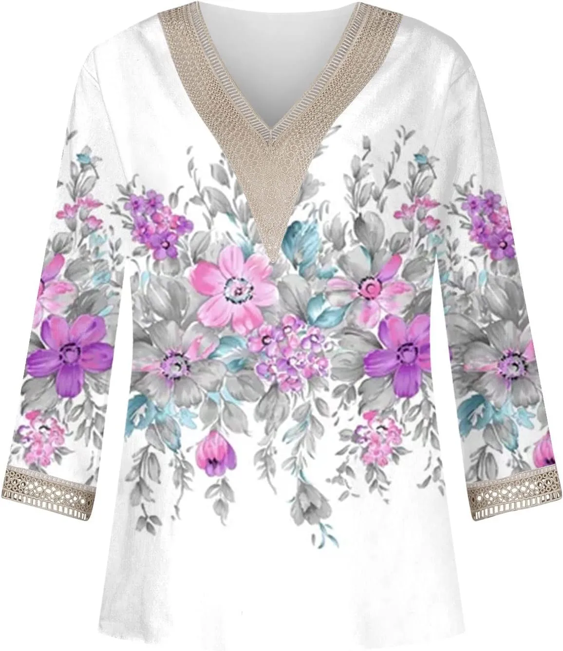 Womens Tops Casual 3/4 Sleeve Summer Tops for Women Lace Trim V Neck Shirts Summer Blouses Floral Print Clothing
