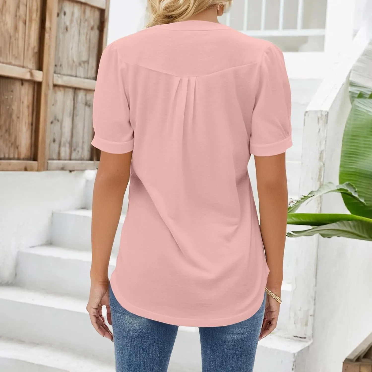 Womens V-Neck Short Sleeve Blouse Lightweight Fabric Slimming Fit Casual Soft Cotton Blend Comfort Stylish Relaxed Top