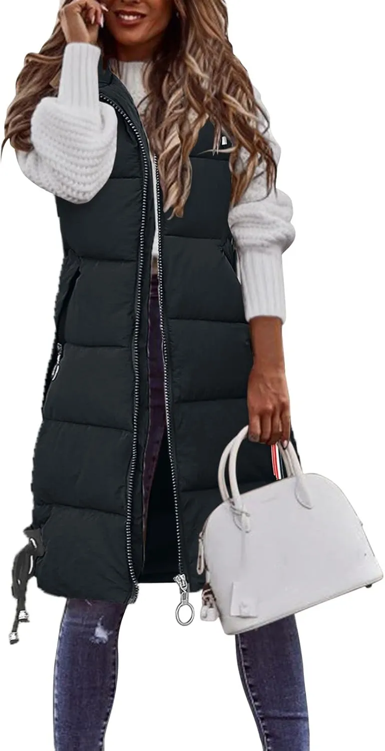 Womens Vest Down Jackets Sleeveless Loose Hooded Long Coat Winter Bomber Softshell Puffer Jacket with Zipper Pockets