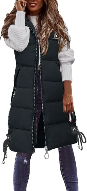 Womens Vest Down Jackets Sleeveless Loose Hooded Long Coat Winter Bomber Softshell Puffer Jacket with Zipper Pockets