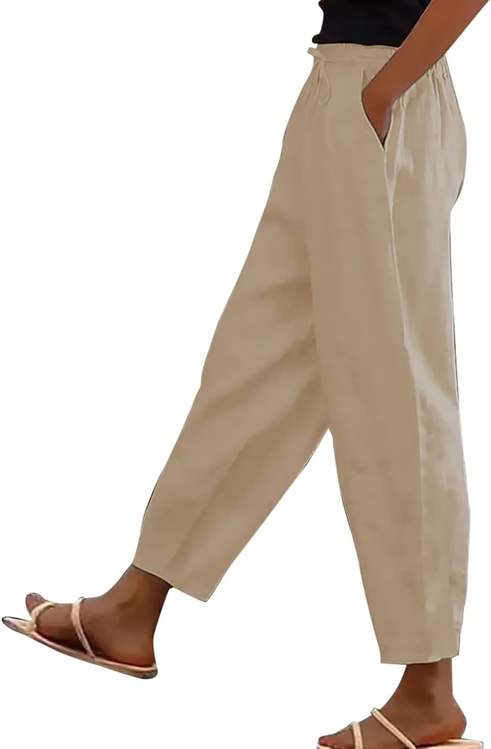 Womens Wide Leg Linen Pants Drawstring Elastic Waist Capri Pants Loose Summer Beach Pants Lounge Pants with Pockets
