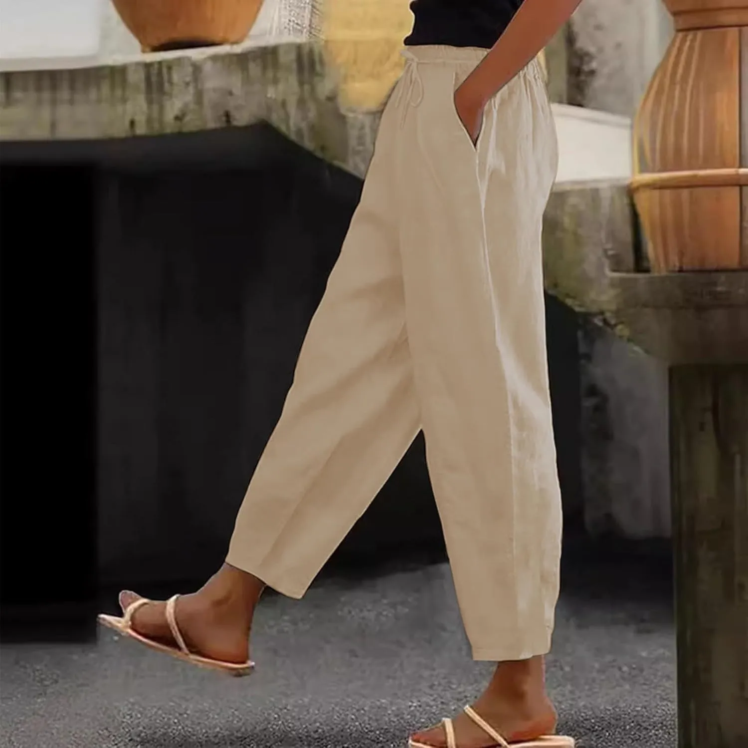 Womens Wide Leg Linen Pants Drawstring Elastic Waist Capri Pants Loose Summer Beach Pants Lounge Pants with Pockets