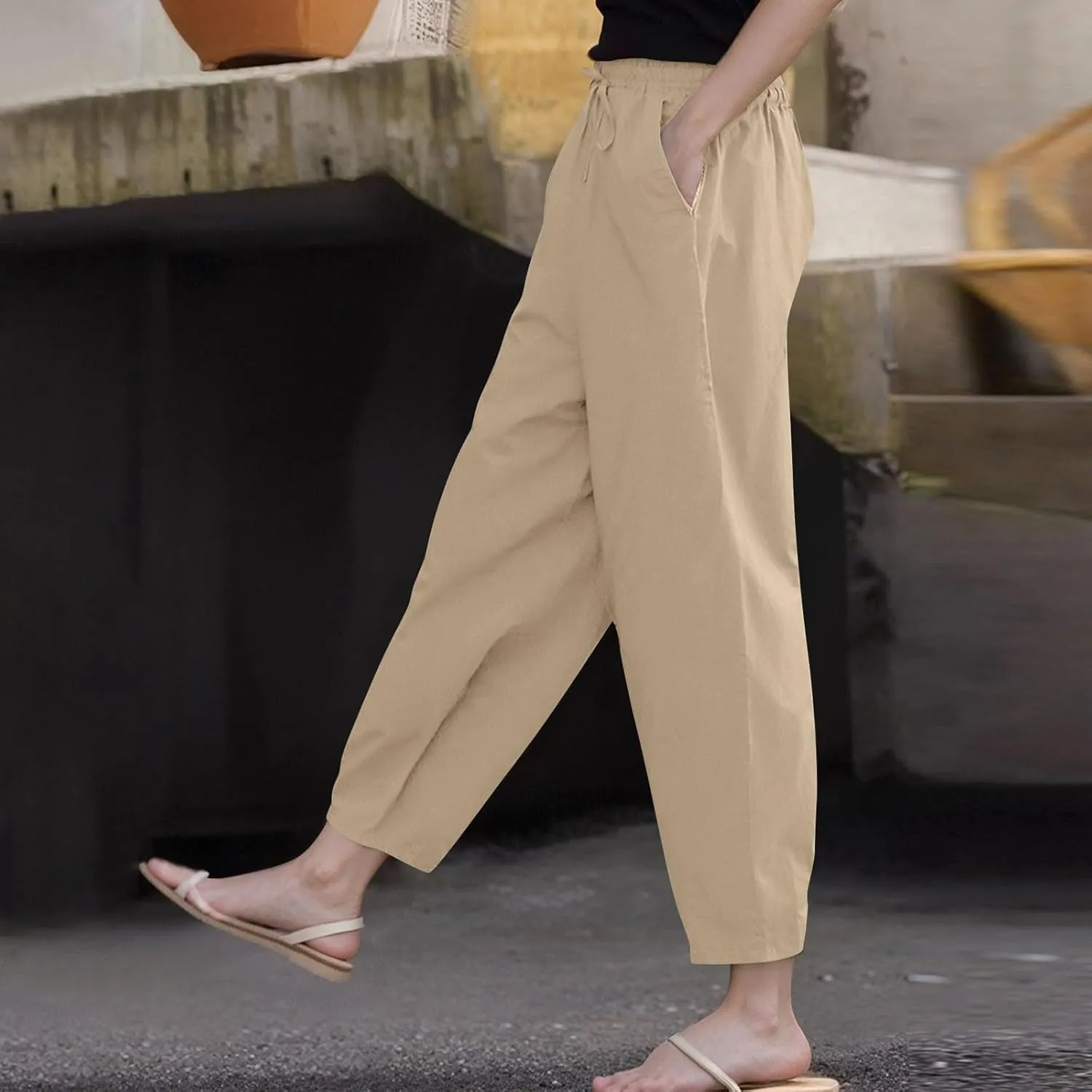 Womens Wide Leg Linen Pants Drawstring Elastic Waist Capri Pants Loose Summer Beach Pants Lounge Pants with Pockets