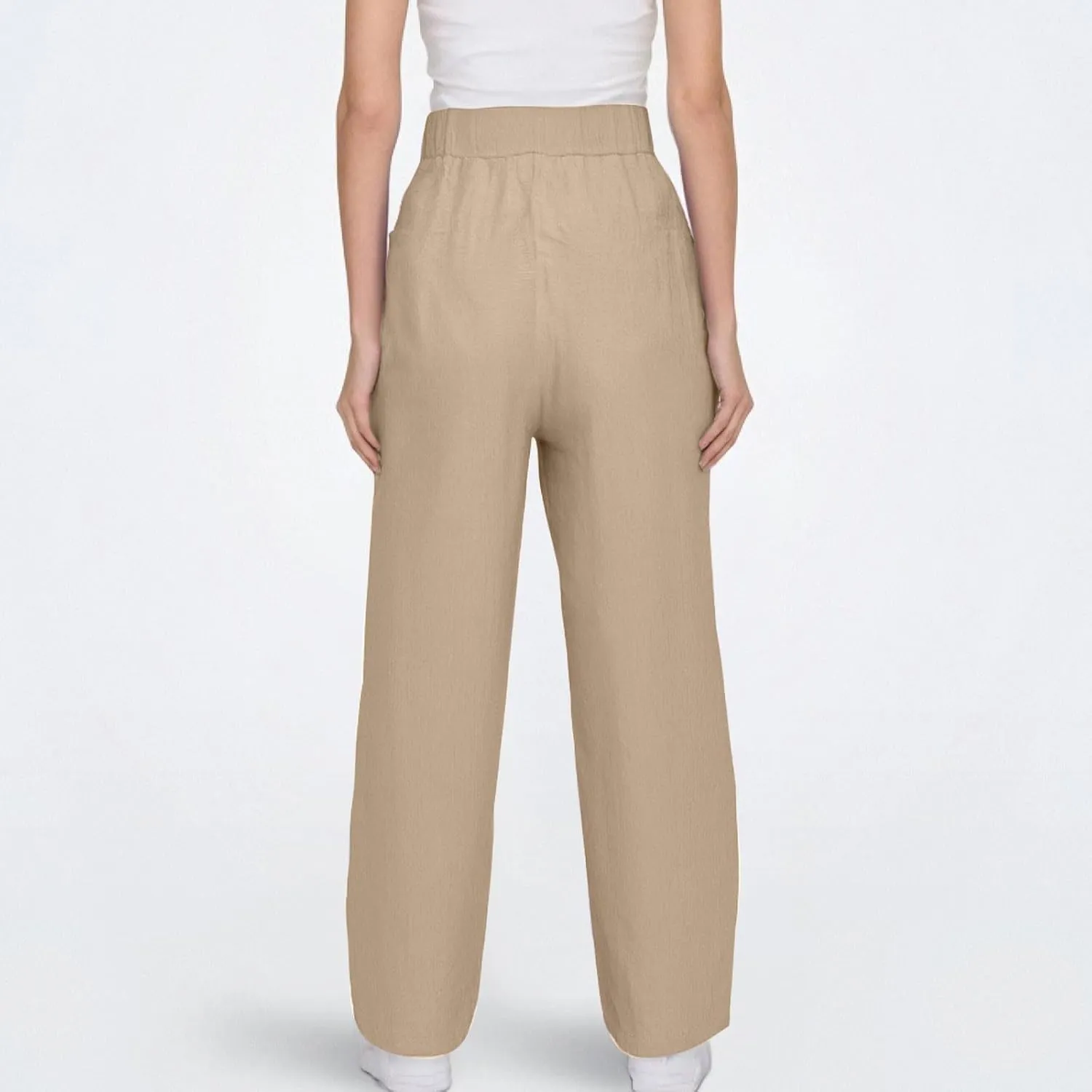 Womens Wide Leg Linen Pants Drawstring Elastic Waist Capri Pants Loose Summer Beach Pants Lounge Pants with Pockets