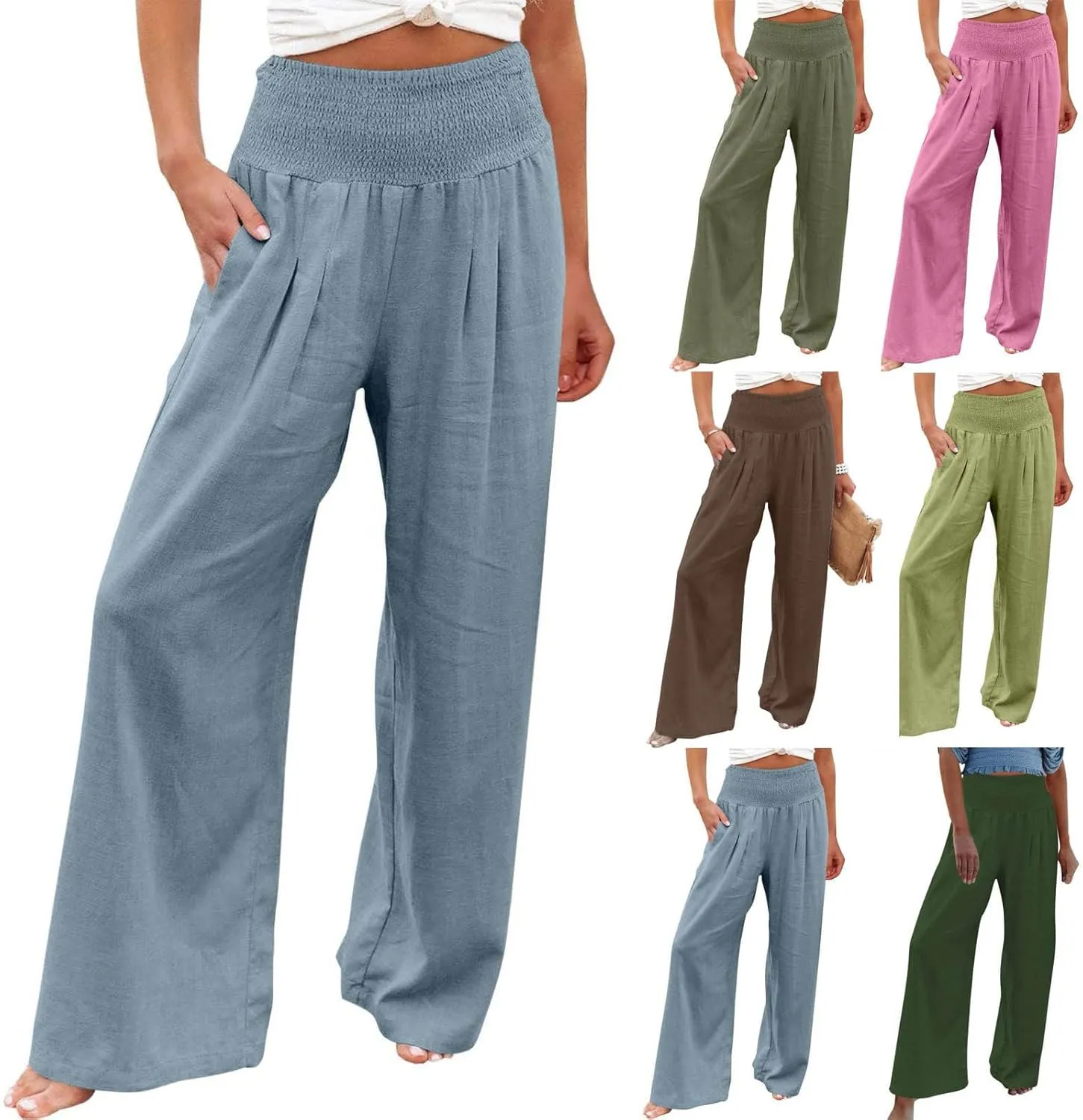 Women's Wide Leg Palazzo Pants Elastic High Waist Pants Beach Vacation Pants Loose Linen Pants Casual Work Pants Plus