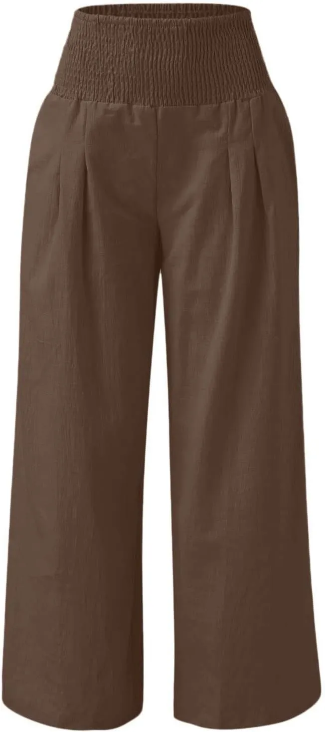 Women's Wide Leg Palazzo Pants Elastic High Waist Pants Beach Vacation Pants Loose Linen Pants Casual Work Pants Plus