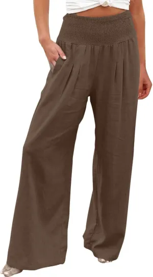 Women's Wide Leg Palazzo Pants Elastic High Waist Pants Beach Vacation Pants Loose Linen Pants Casual Work Pants Plus