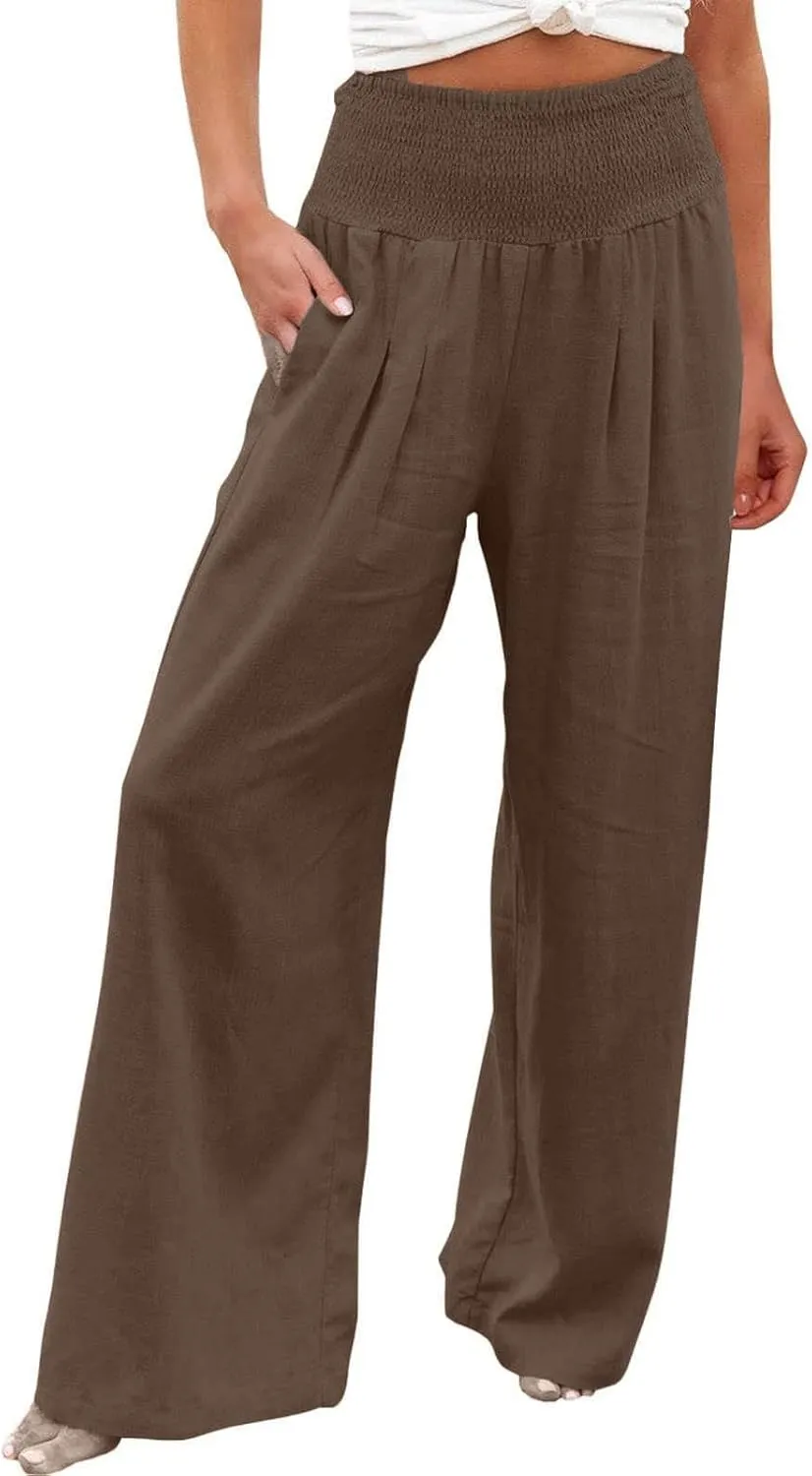 Women's Wide Leg Palazzo Pants Elastic High Waist Pants Beach Vacation Pants Loose Linen Pants Casual Work Pants Plus