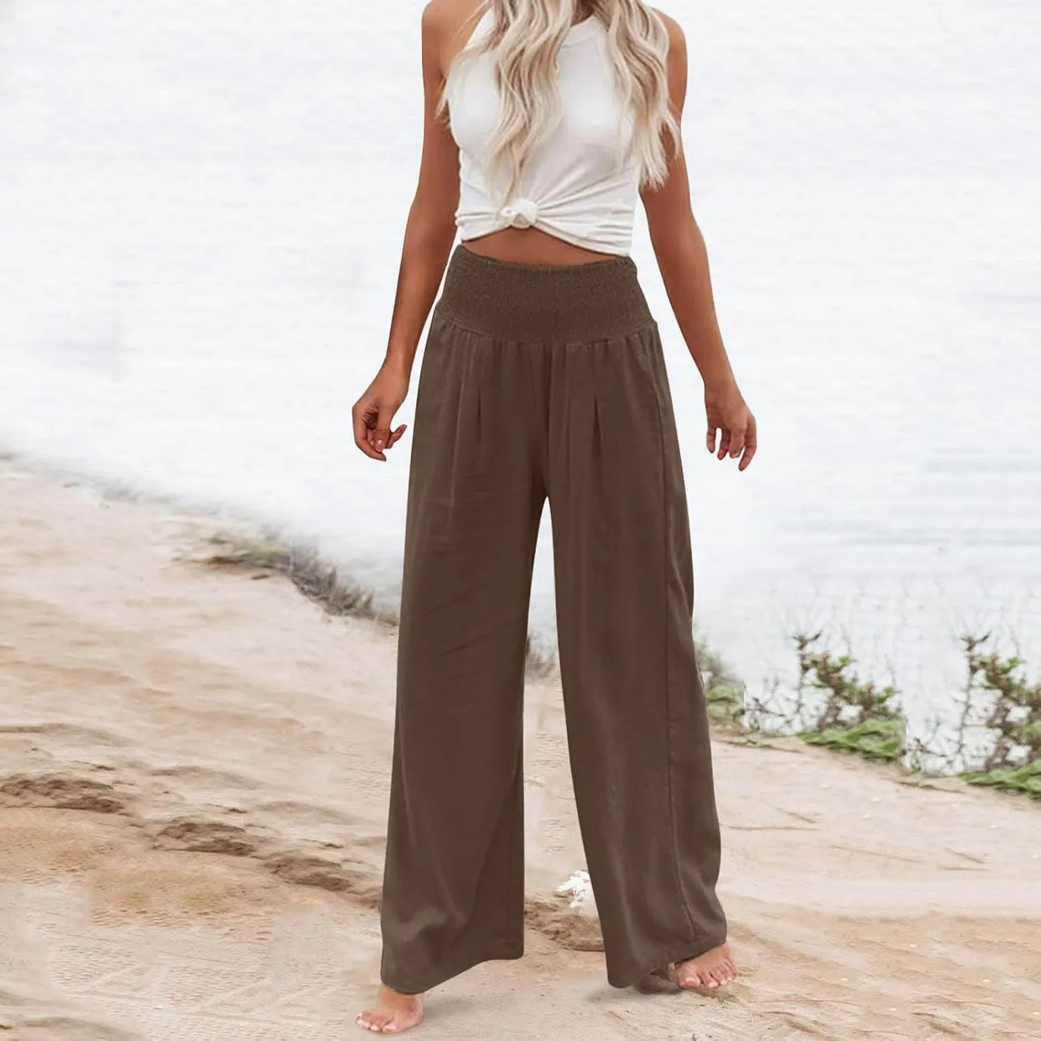 Women's Wide Leg Palazzo Pants Elastic High Waist Pants Beach Vacation Pants Loose Linen Pants Casual Work Pants Plus