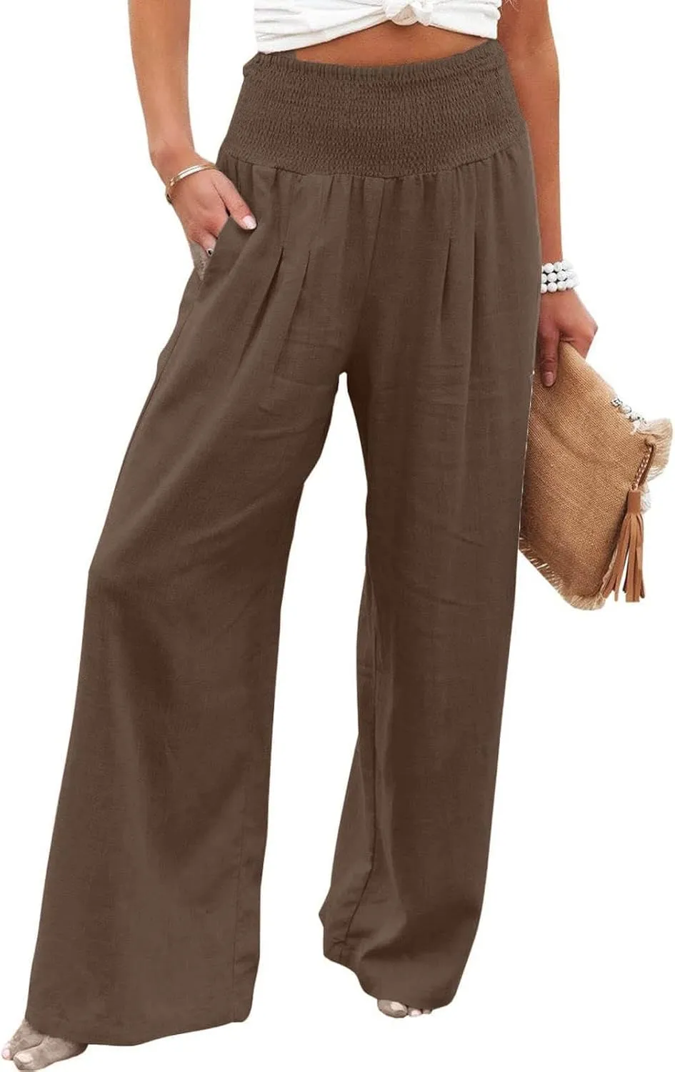 Women's Wide Leg Palazzo Pants Elastic High Waist Pants Beach Vacation Pants Loose Linen Pants Casual Work Pants Plus