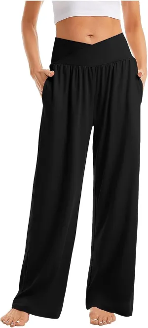 Womens Yoga Pants Wide Leg Crossover High Waisted Pants Stretch Active Pants Lightweight Soft Workout Pants w/Pockets