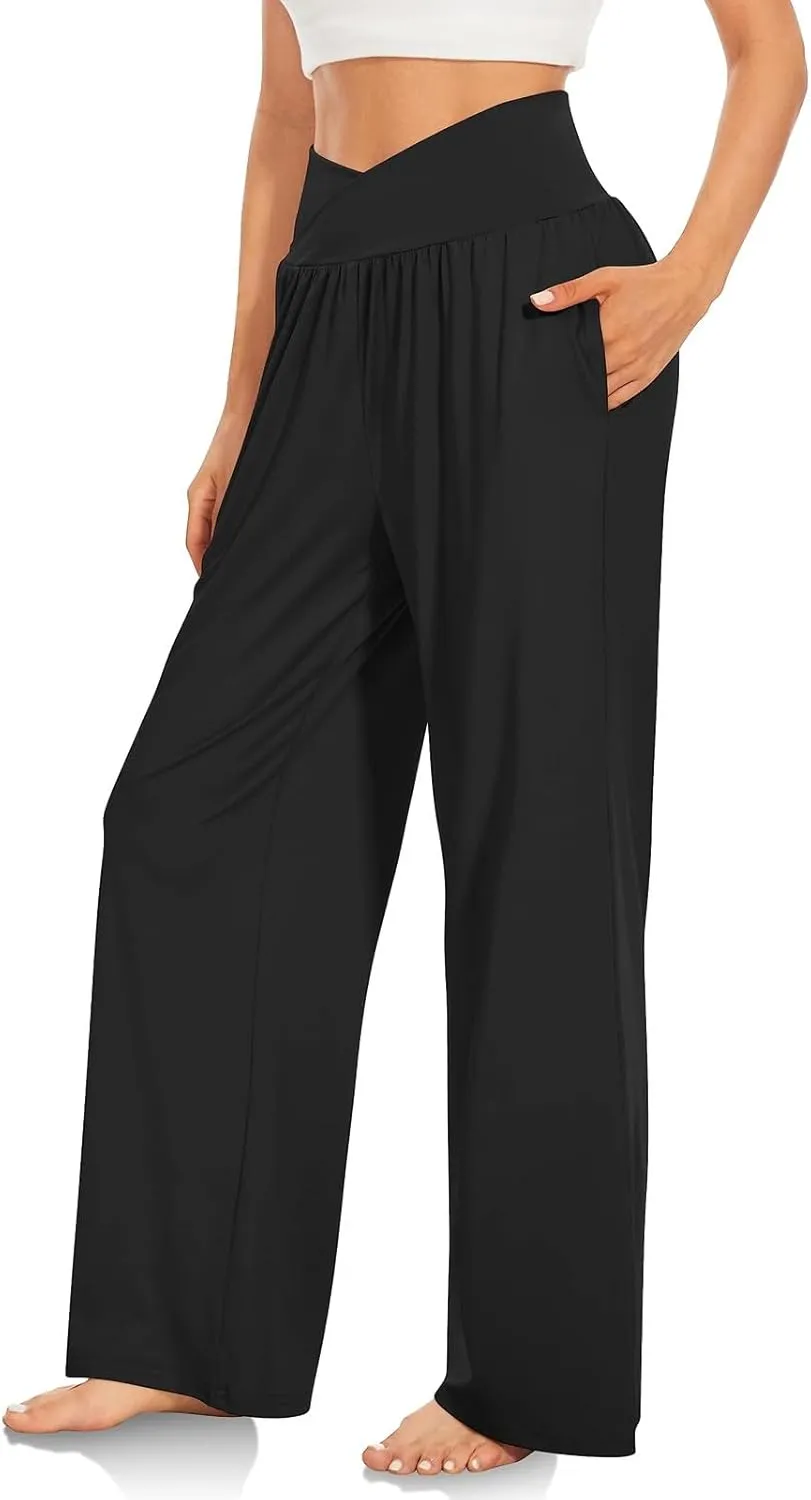 Womens Yoga Pants Wide Leg Crossover High Waisted Pants Stretch Active Pants Lightweight Soft Workout Pants w/Pockets