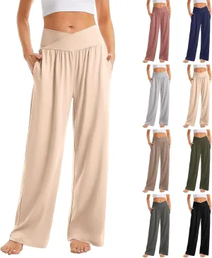 Womens Yoga Pants Wide Leg Crossover High Waisted Pants Stretch Active Pants Lightweight Soft Workout Pants w/Pockets