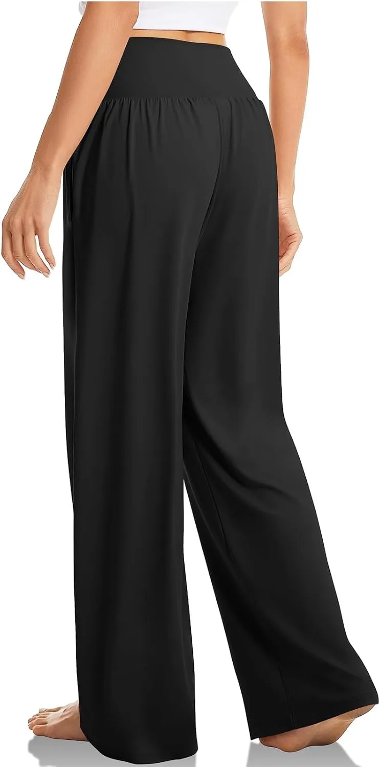 Womens Yoga Pants Wide Leg Crossover High Waisted Pants Stretch Active Pants Lightweight Soft Workout Pants w/Pockets