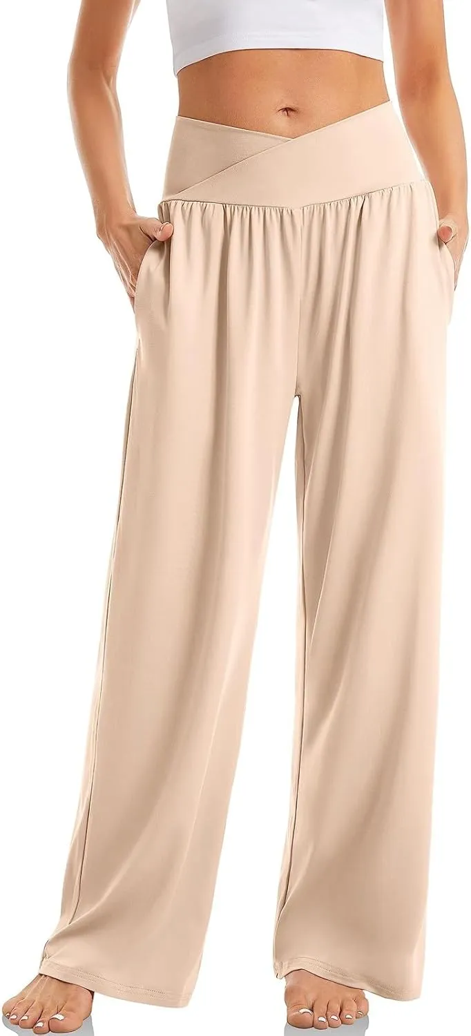 Womens Yoga Pants Wide Leg Crossover High Waisted Pants Stretch Active Pants Lightweight Soft Workout Pants w/Pockets