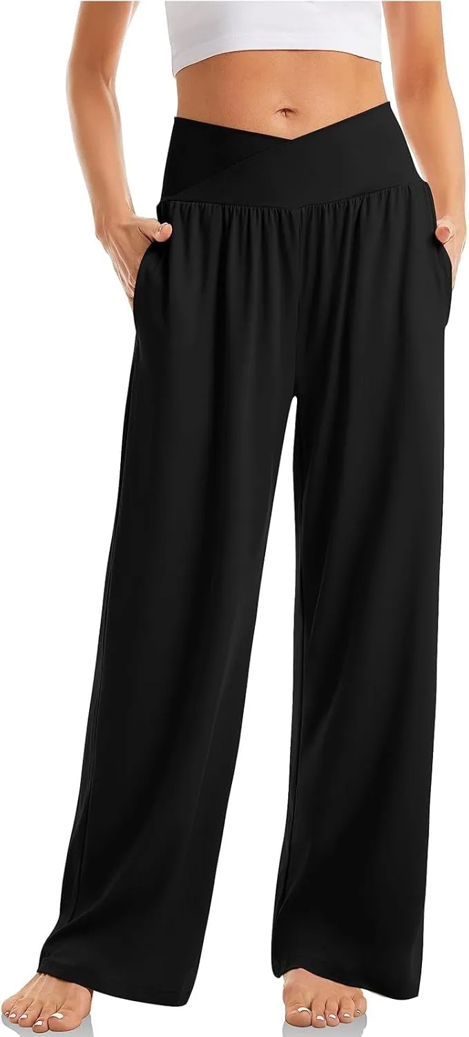 Womens Yoga Pants Wide Leg Crossover High Waisted Pants Stretch Active Pants Lightweight Soft Workout Pants w/Pockets