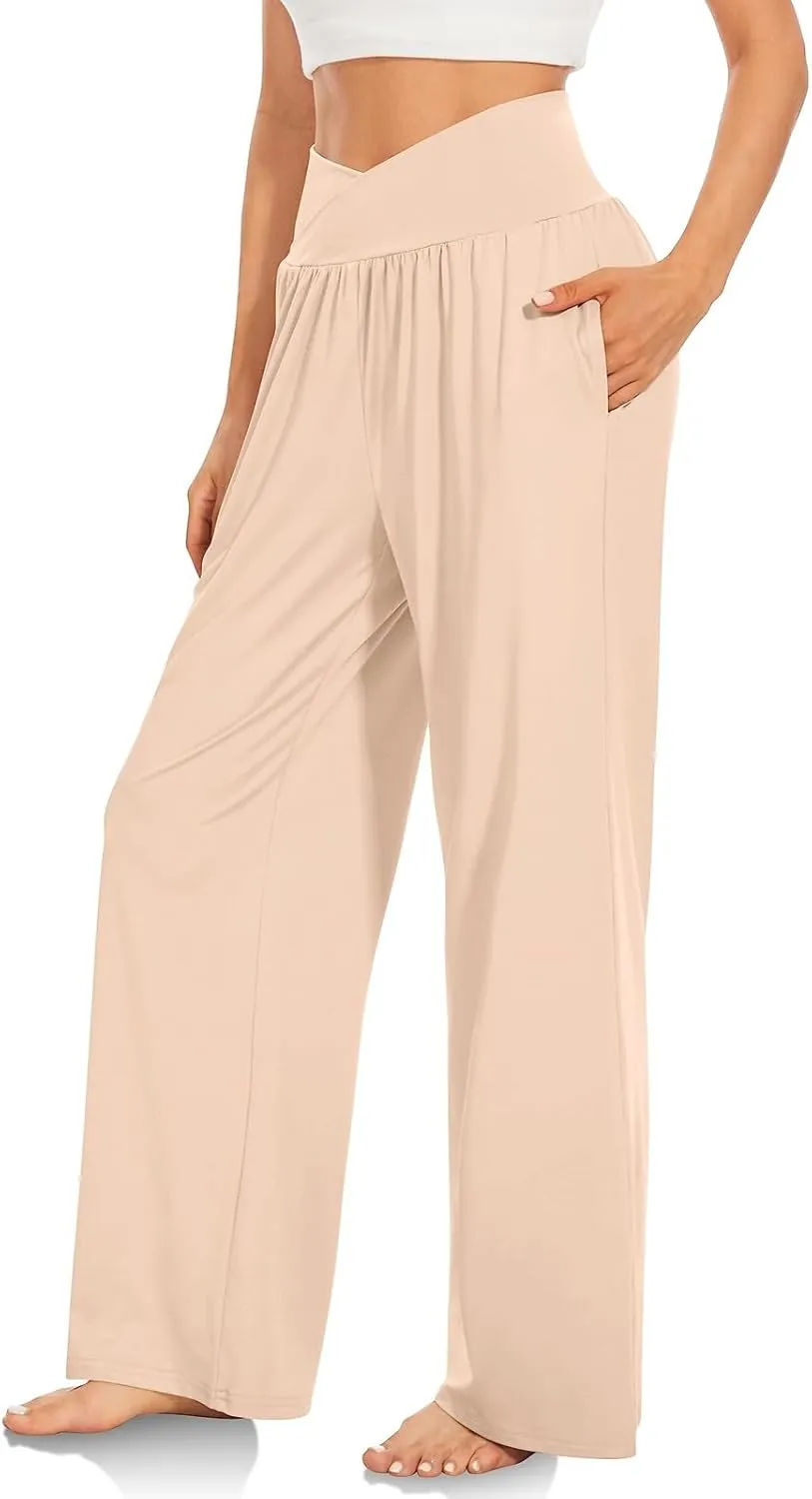 Womens Yoga Pants Wide Leg Crossover High Waisted Pants Stretch Active Pants Lightweight Soft Workout Pants w/Pockets