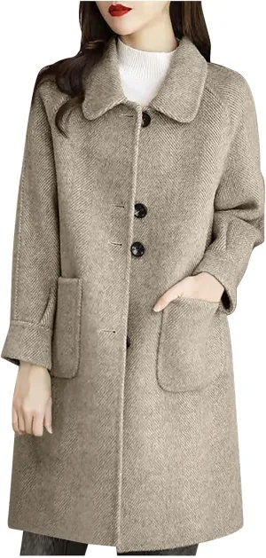 Wool Pea Coats for Women Winter Coats Double Breasted Lapel Casual Open Front Cardigan Elegant Mid-Long Trench Coats