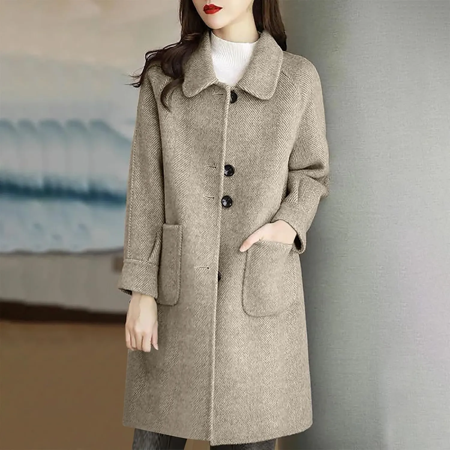 Wool Pea Coats for Women Winter Coats Double Breasted Lapel Casual Open Front Cardigan Elegant Mid-Long Trench Coats