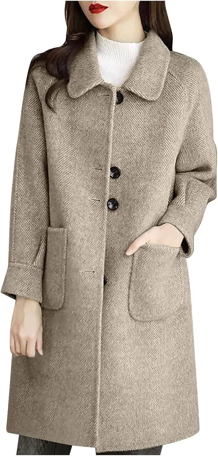 Wool Pea Coats for Women Winter Coats Double Breasted Lapel Casual Open Front Cardigan Elegant Mid-Long Trench Coats