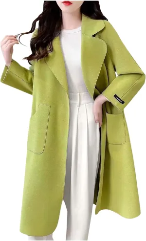 Wool Pea Coats for Women Winter Coats Double Breasted Lapel Casual Open Front Cardigan Elegant Mid-Long Trench Coats