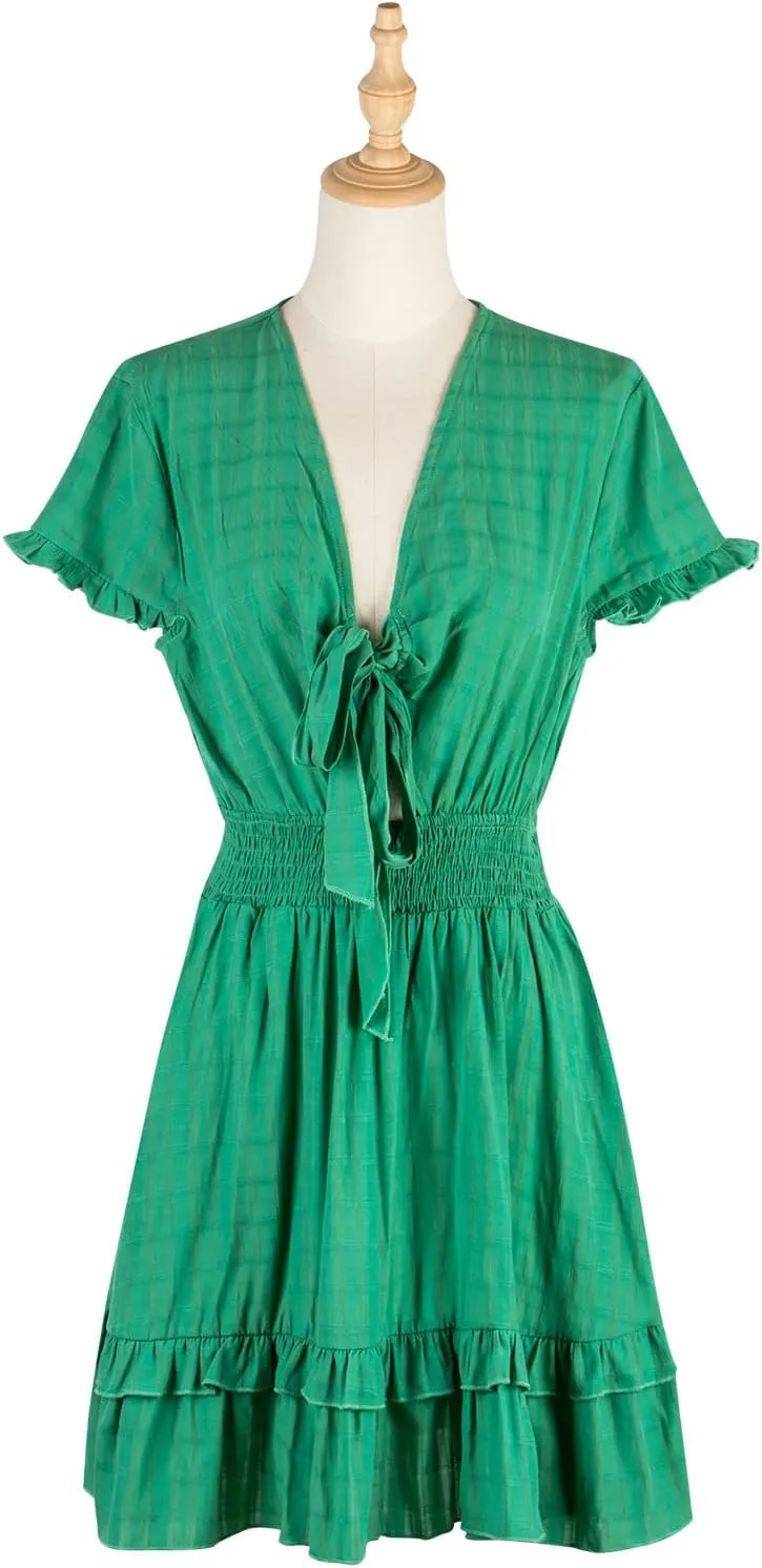 WOWARKI Women Tiered Ruffle Bow Tie Mini Dress Deep V Neck Solid Flowy Summer Dress Ruffled Sleeves Summer Short Dress