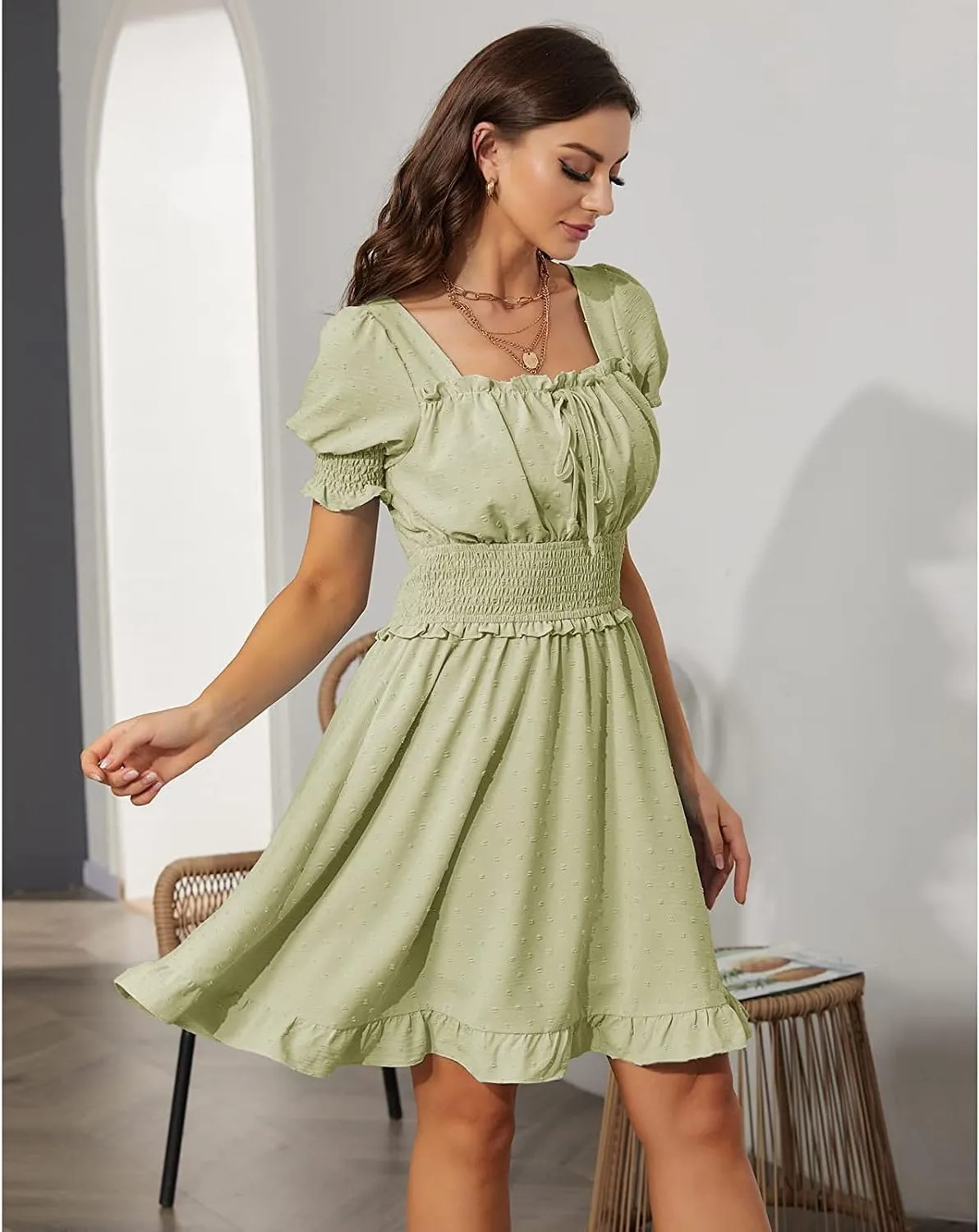 WOWARKI Women's Square Neck Shirred Mini Dress Backless Tie Back Babydoll Dress Ruffle Puff Sleeve Smocked Dress Swing Dress