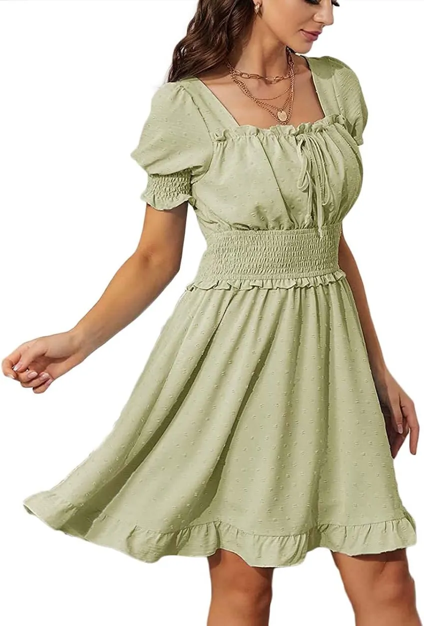 WOWARKI Women's Square Neck Shirred Mini Dress Backless Tie Back Babydoll Dress Ruffle Puff Sleeve Smocked Dress Swing Dress