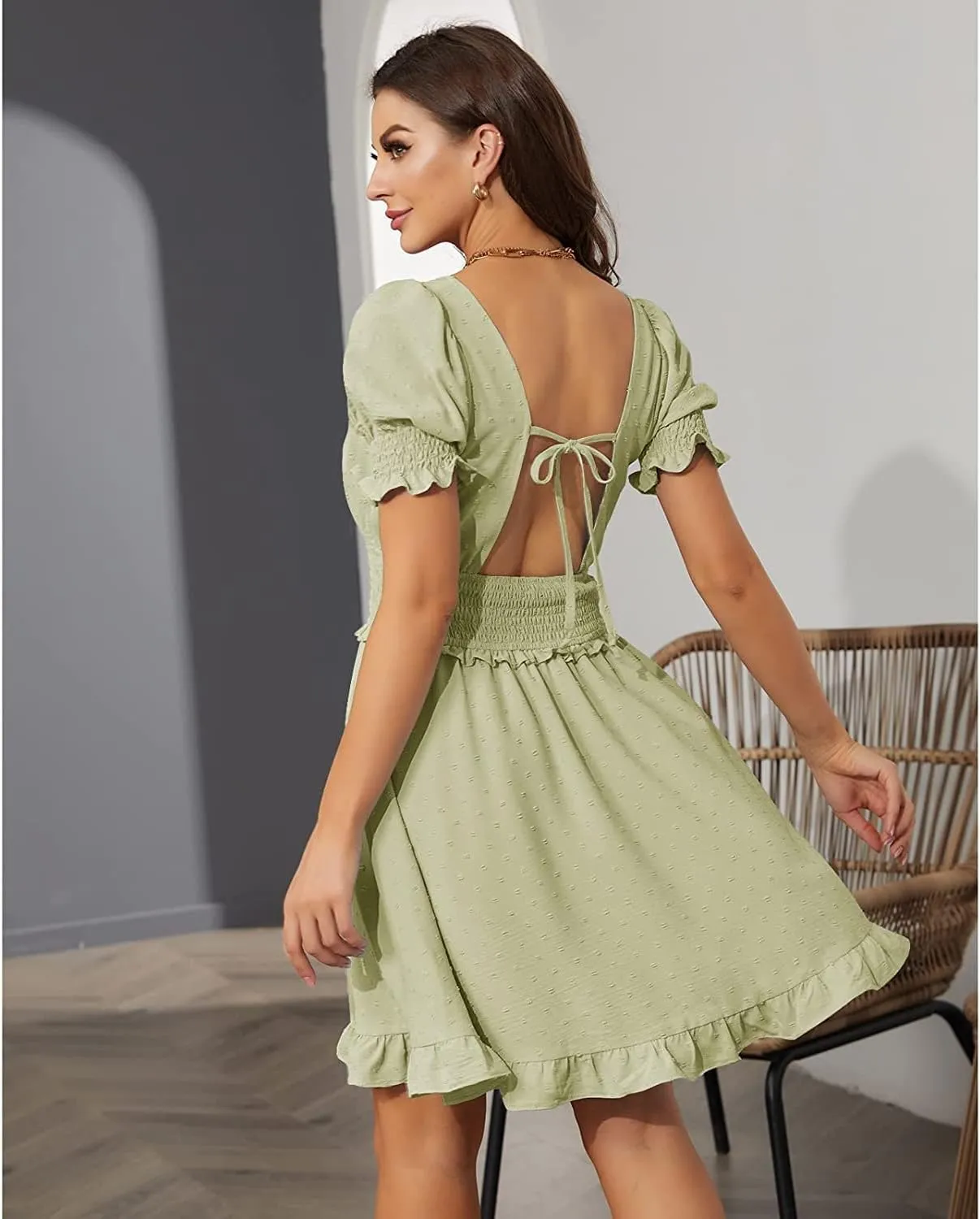 WOWARKI Women's Square Neck Shirred Mini Dress Backless Tie Back Babydoll Dress Ruffle Puff Sleeve Smocked Dress Swing Dress