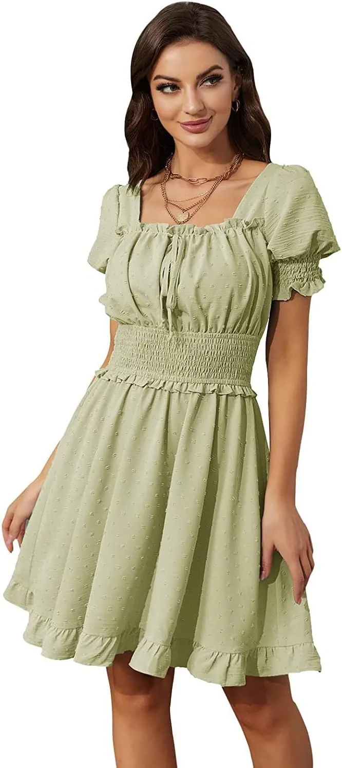 WOWARKI Women's Square Neck Shirred Mini Dress Backless Tie Back Babydoll Dress Ruffle Puff Sleeve Smocked Dress Swing Dress