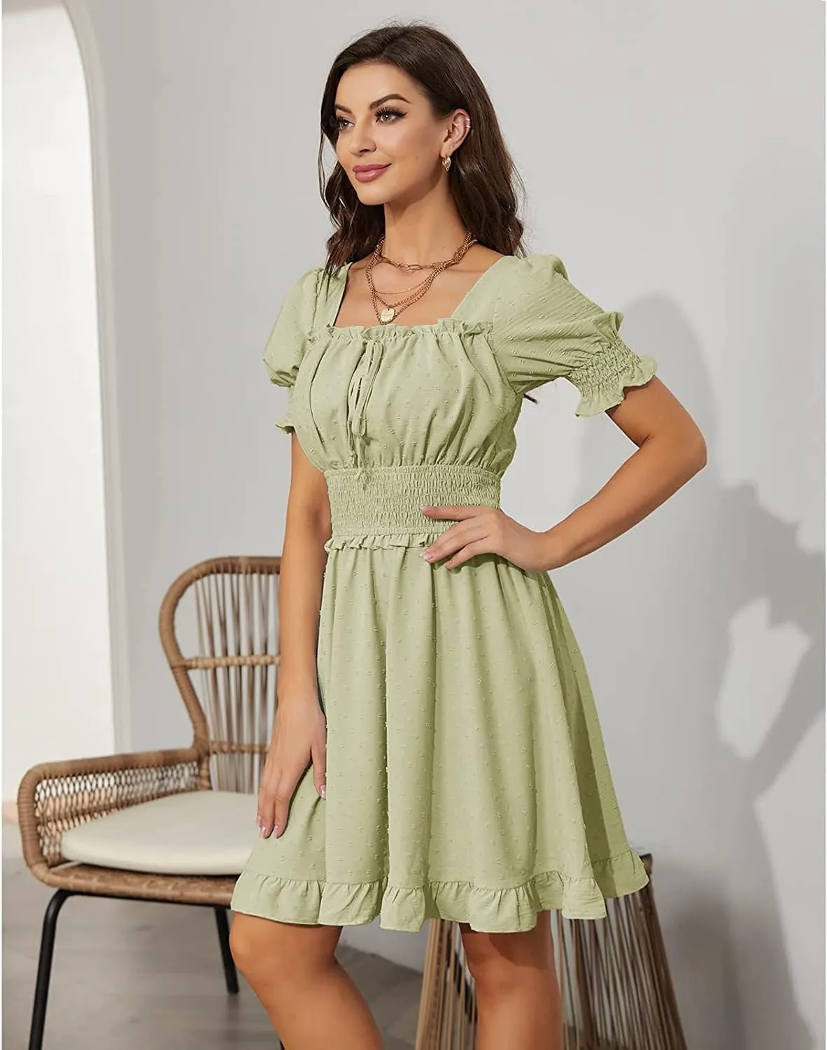 WOWARKI Women's Square Neck Shirred Mini Dress Backless Tie Back Babydoll Dress Ruffle Puff Sleeve Smocked Dress Swing Dress