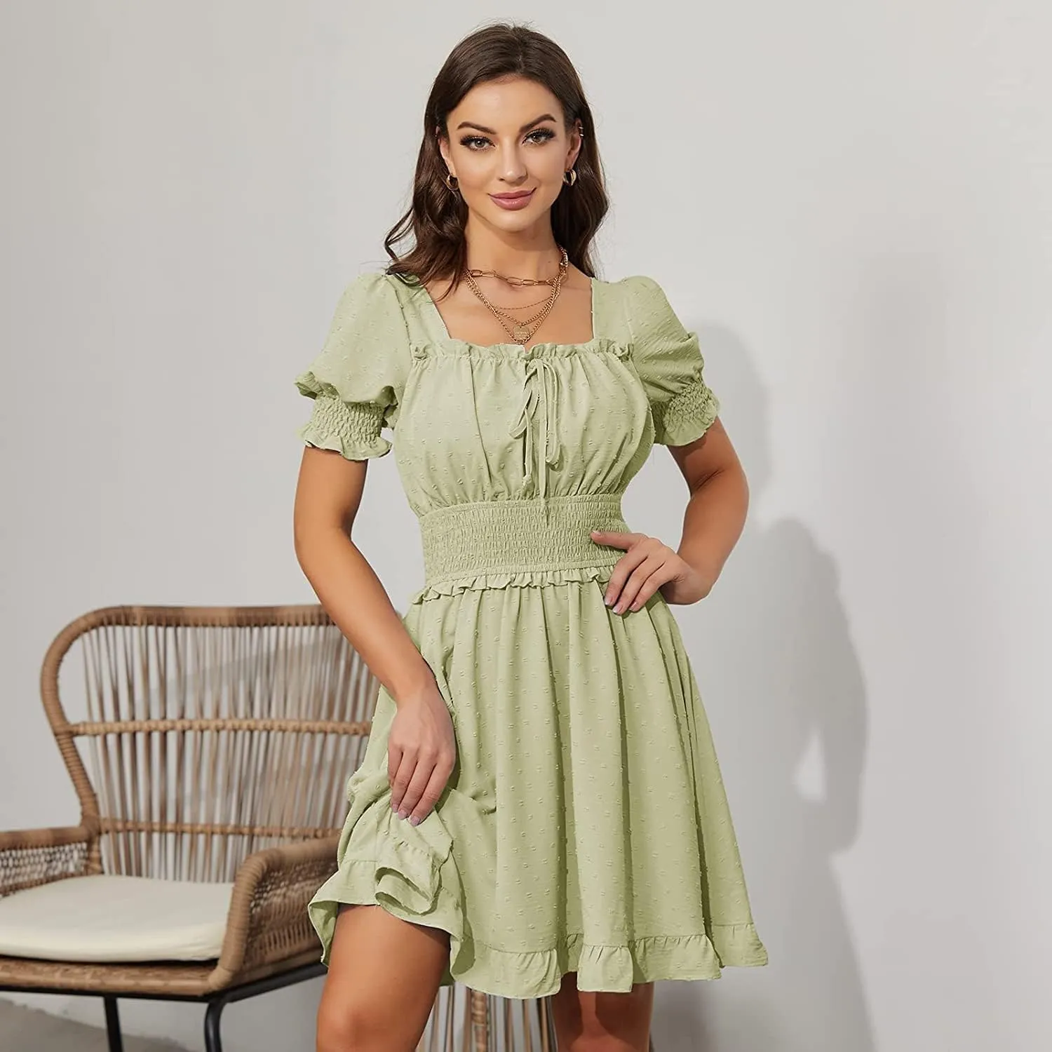 WOWARKI Women's Square Neck Shirred Mini Dress Backless Tie Back Babydoll Dress Ruffle Puff Sleeve Smocked Dress Swing Dress