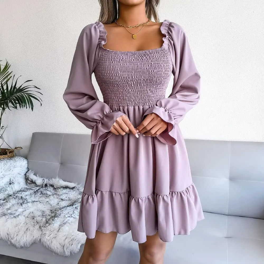 WOWARKI Women's Square Neck Smocked Dress Long Bell Sleeve Shirred Hem Mini Dress Ruffle Tiered Flowy Swing Babydoll Dress